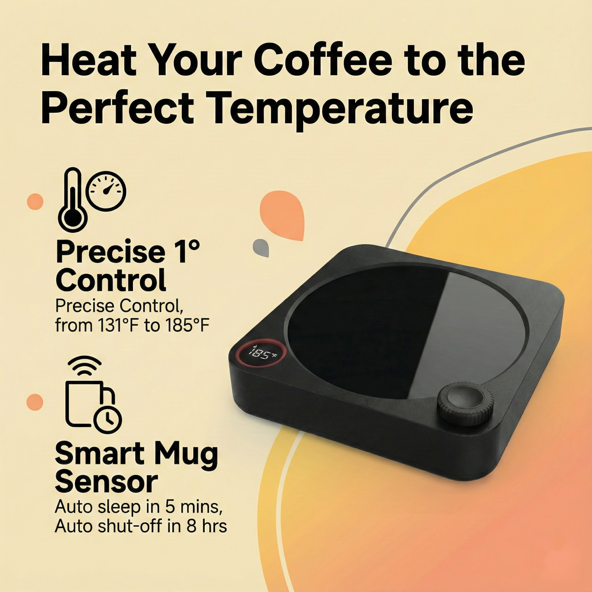 【Feavour】Coffee Mug Warmer for Desk, Electric Cup Heater for Tea Milk Beverages with 131–185°F Adjustable Temperature Display & Rotary Knob, Auto Shut Off Timer Mug Sensor, Candle Wax Heating Plate, Ideal Gift Accessory